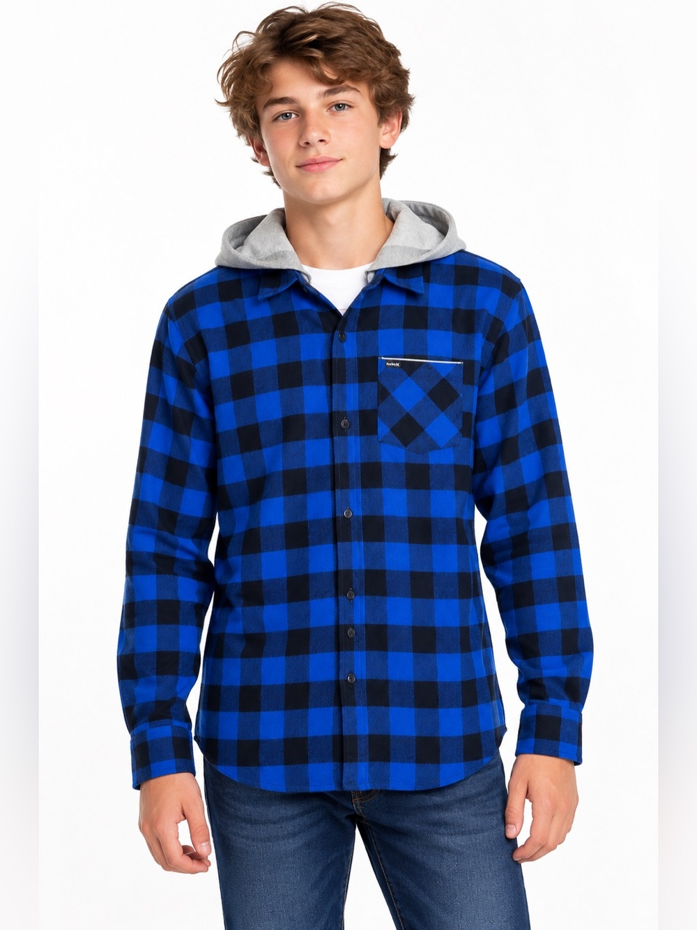 Hurley NWOT Plaid Flannel Hooded Button Down Chekkered Shirt Kids Size XL